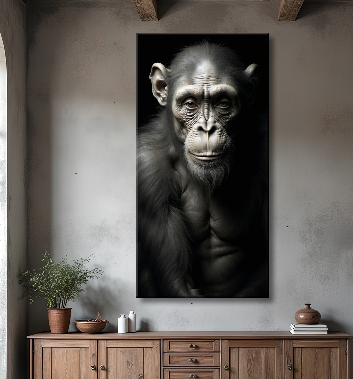 Portrait de singe ou chimpanzé photographié en studio sur fond sobre. Tableau décoratif expressif et raffiné, décliné en plusieurs formats personnalisables. Fabriqué en France.