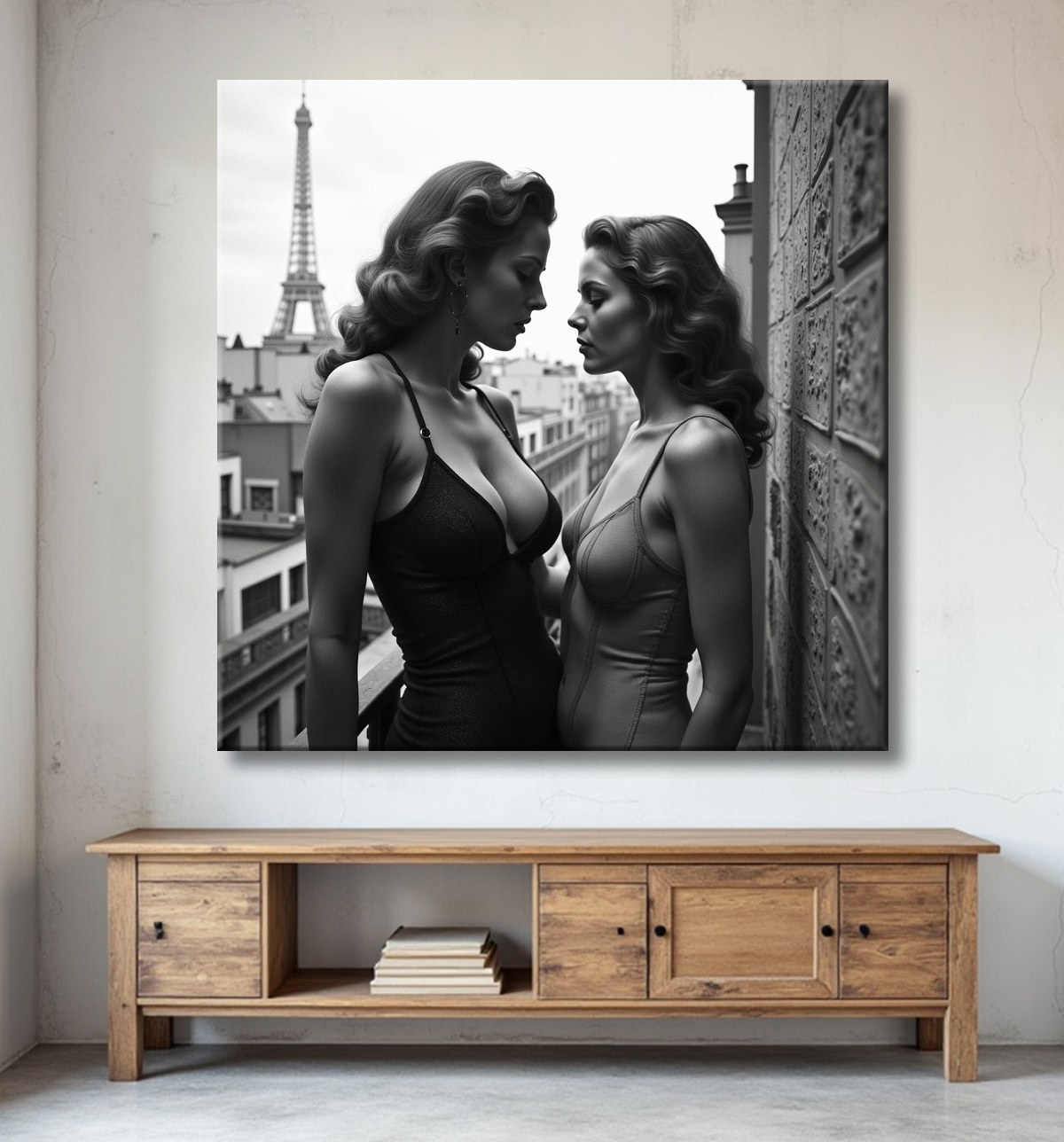 Tableau photographique noir et blanc élégant d'un couple de femmes sur un balcon parisien. Une scène intimiste, romantique et sobre, sans vulgarité.