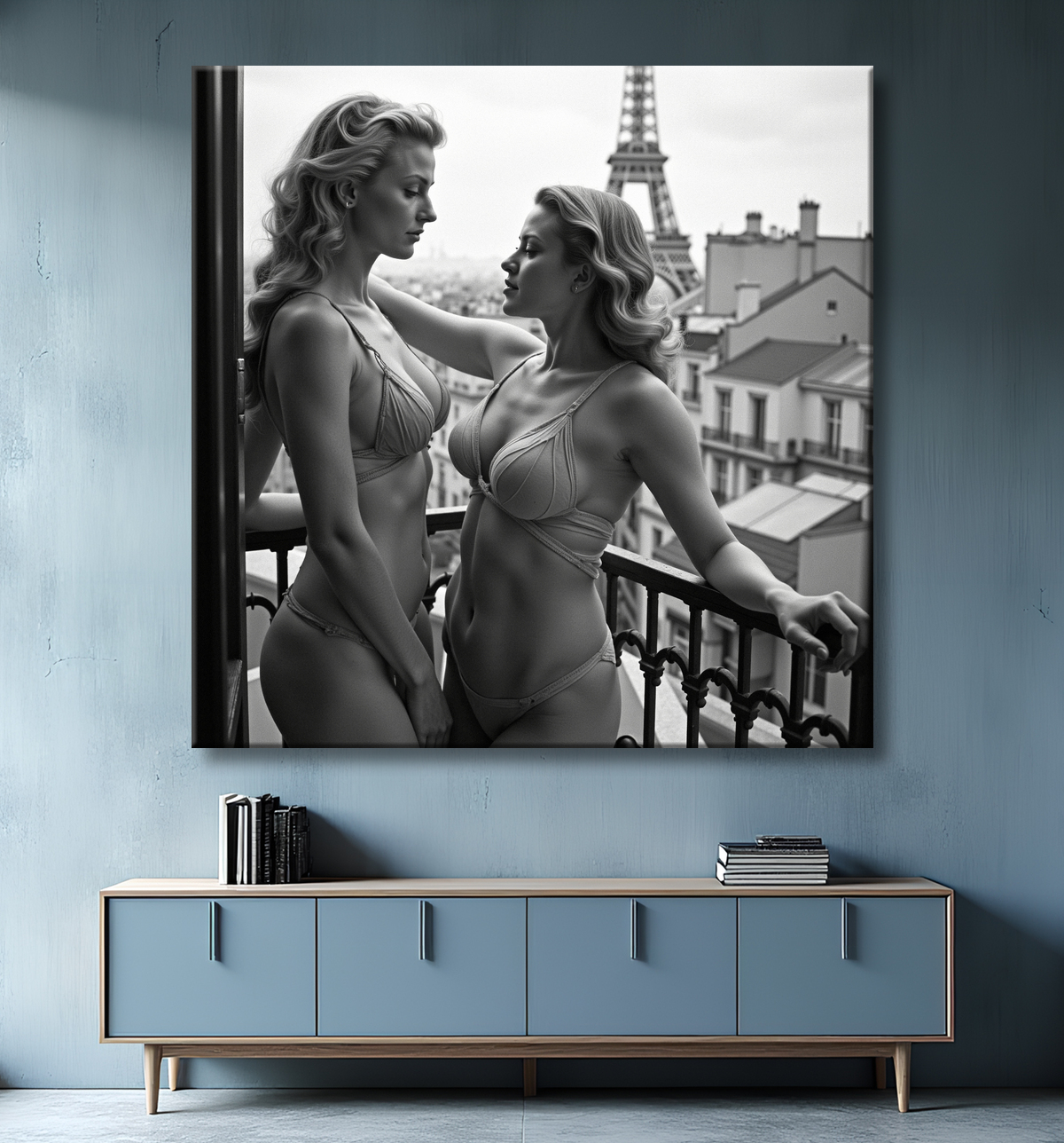 Tableau couple femmes chic Paris noir et blanc avec decor