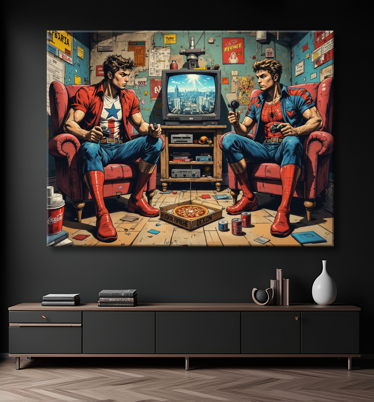Tableau street art illustrant deux gamers en costumes de super-héros, complètement absorbés par leur jeu vidéo dans une chambre geek chaotique et vintage. Illustration destroy au style affirmé.