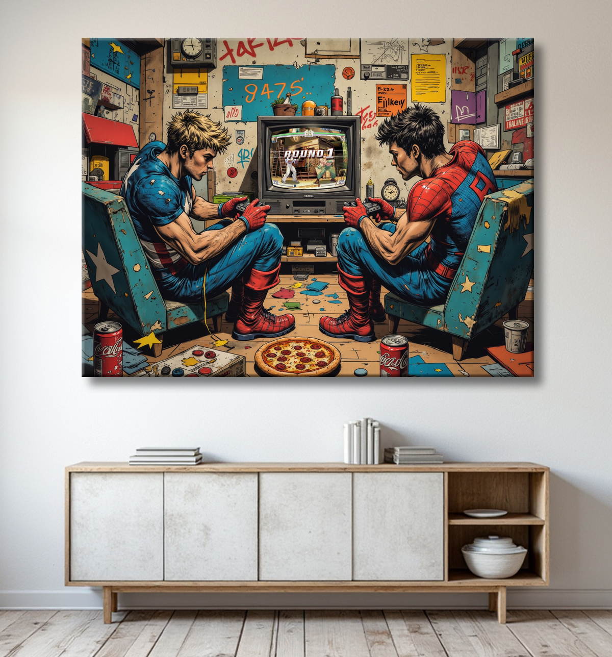 Tableau street art illustrant deux gamers en costumes de super-héros, complètement absorbés par leur jeu vidéo dans une chambre geek chaotique et vintage. Illustration destroy au style affirmé.