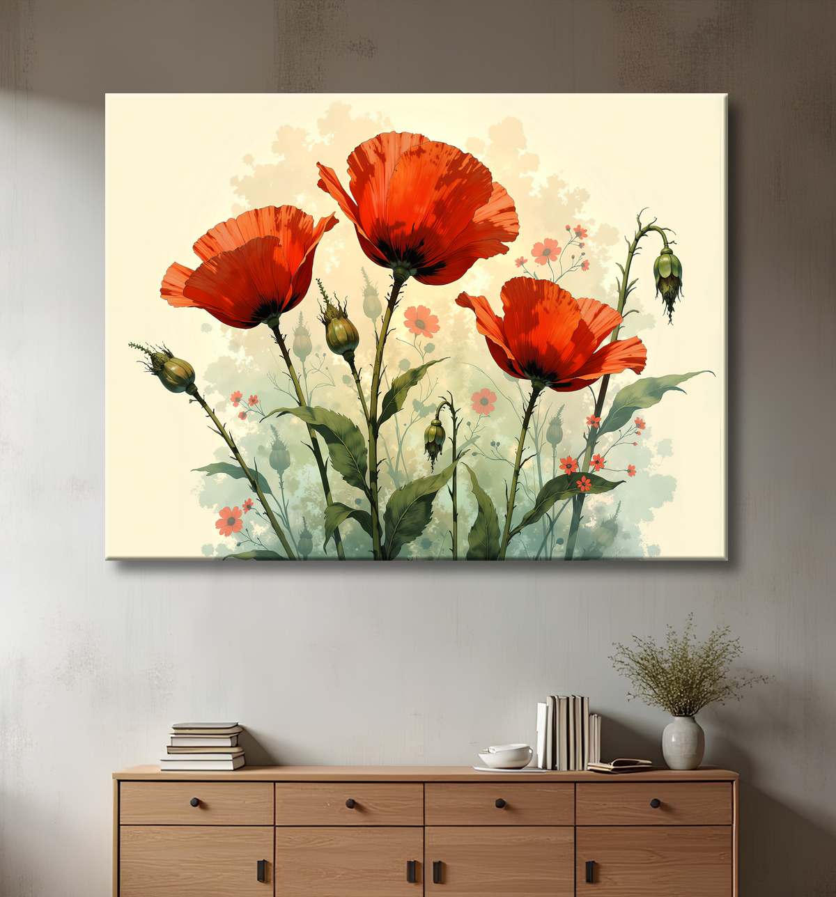 Trois coquelicots vus par en dessous, la base des pétales en noir et un fond peuplé de silhouettes pâles. Tirage réalisé en atelier français.