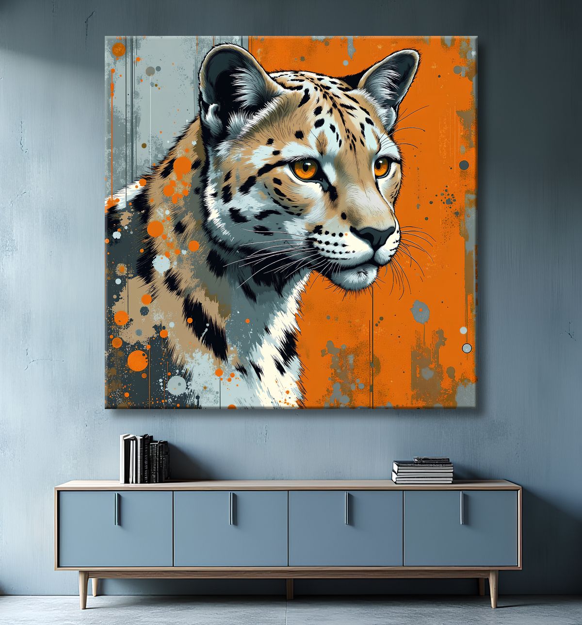 Tableau moderne représentant un léopard avec un style pictural expressif et des tons chauds. Œuvre originale aux textures affirmées et aux variantes graphiques multiples.