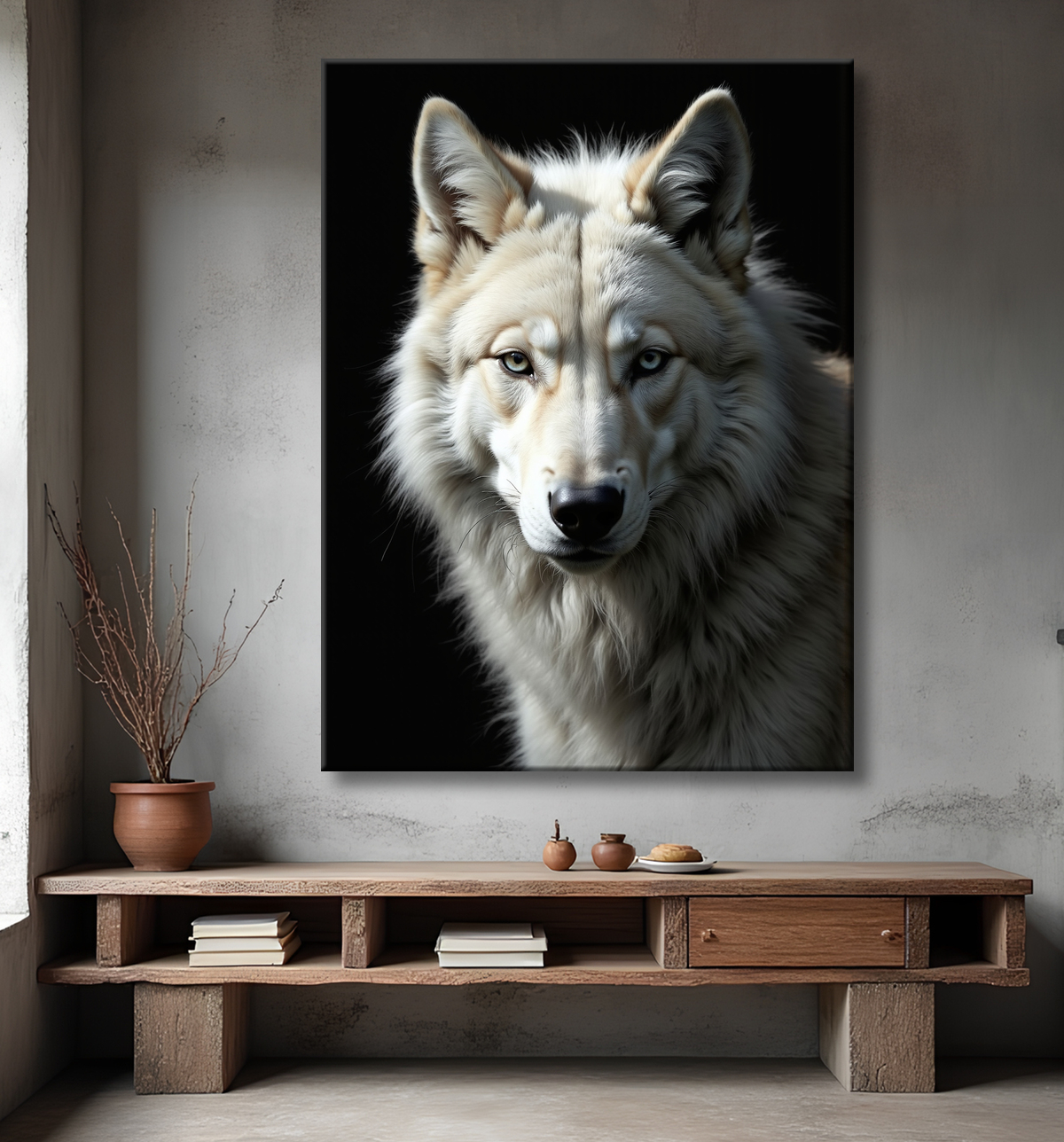 Portrait de loup photographié en studio sur fond noir. Un tableau décoratif expressif, disponible en plusieurs formats personnalisables. Fabrication française haut de gamme.