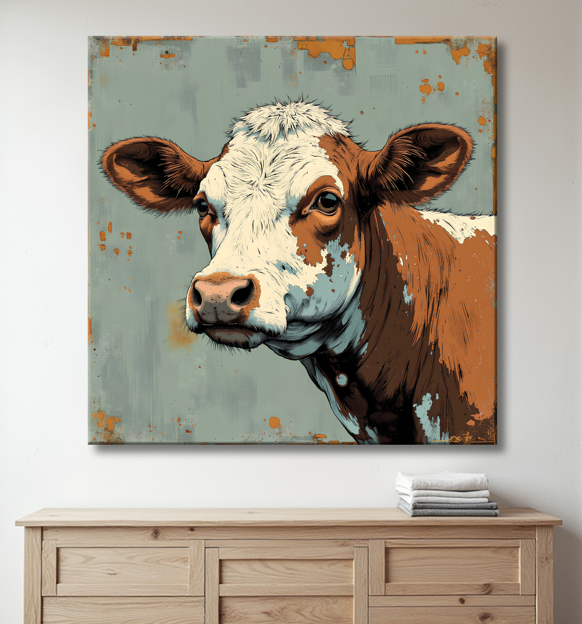 Tableau vache en peinture moderne et expressive, impression numérique haut de gamme en France par Decotab.fr. Un choix décoratif original et élégant.