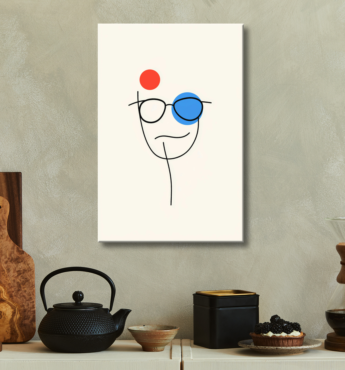Portrait traité en style hyper minimaliste, formes réduites et couleurs essentielles. Tableau design contemporain. Toile d'art made in France, formats sur mesure.