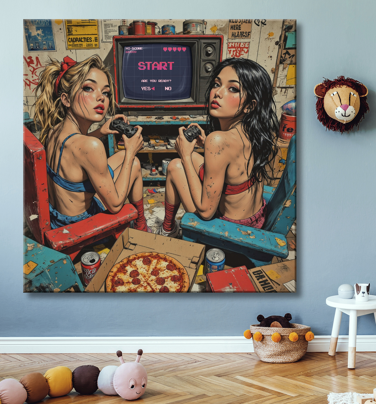 Tableau street art provocant illustrant deux gameuses sexy plongées dans leur jeu vidéo, ambiance destroy dans un décor geek chaotique et vintage.
