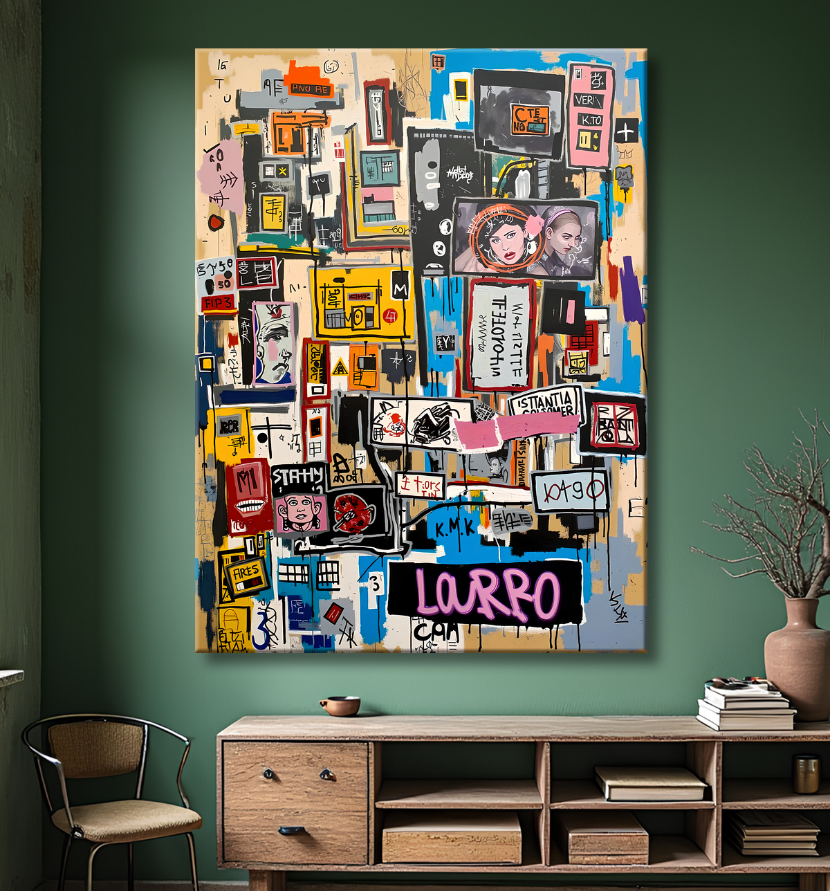 Tableau inspiré du style street art de Jean-Michel Basquiat. Une œuvre vibrante et expressive, mêlant symboles, textes et couleurs vives, pour une décoration audacieuse et contemporaine.
