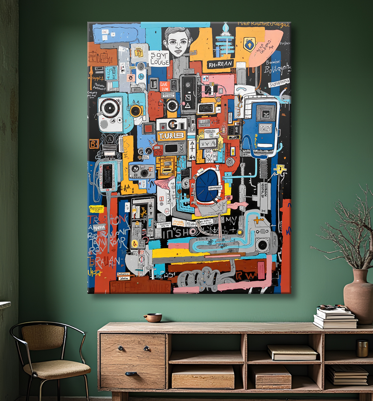 Tableau inspiré du style street art de Jean-Michel Basquiat. Une œuvre vibrante et expressive, mêlant symboles, textes et couleurs vives, pour une décoration audacieuse et contemporaine.