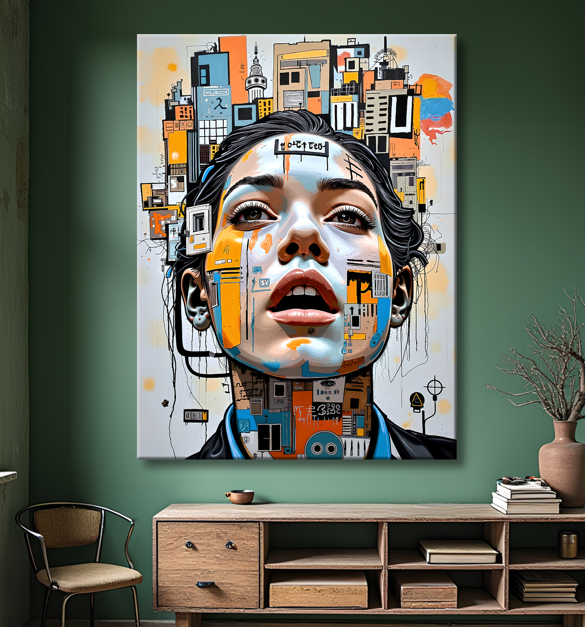 Tableau inspiré du style street art de Jean-Michel Basquiat. Une œuvre vibrante et expressive, mêlant symboles, textes et couleurs vives, pour une décoration audacieuse et contemporaine.