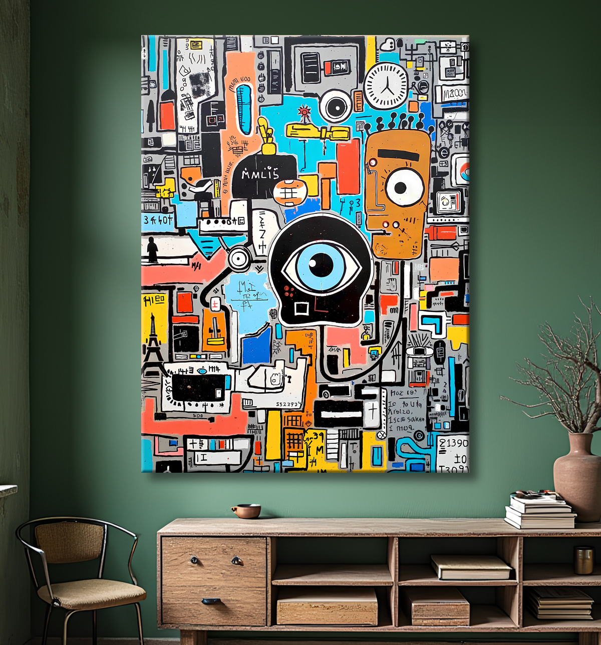 Tableau inspiré du style street art de Jean-Michel Basquiat. Une œuvre vibrante et expressive, mêlant symboles, textes et couleurs vives, pour une décoration audacieuse et contemporaine.
