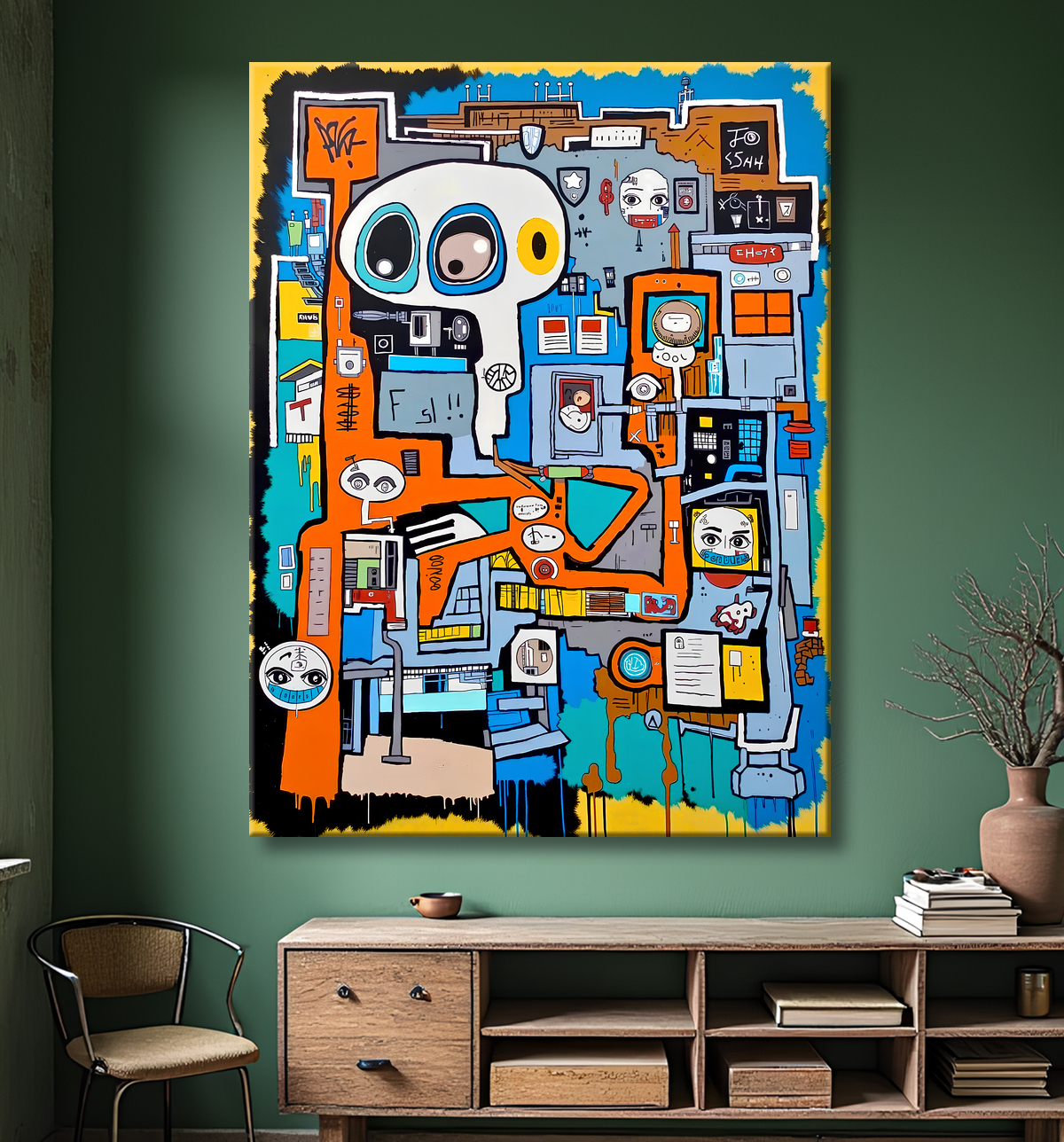 Tableau inspiré du style street art de Jean-Michel Basquiat. Une œuvre vibrante et expressive, mêlant symboles, textes et couleurs vives, pour une décoration audacieuse et contemporaine.