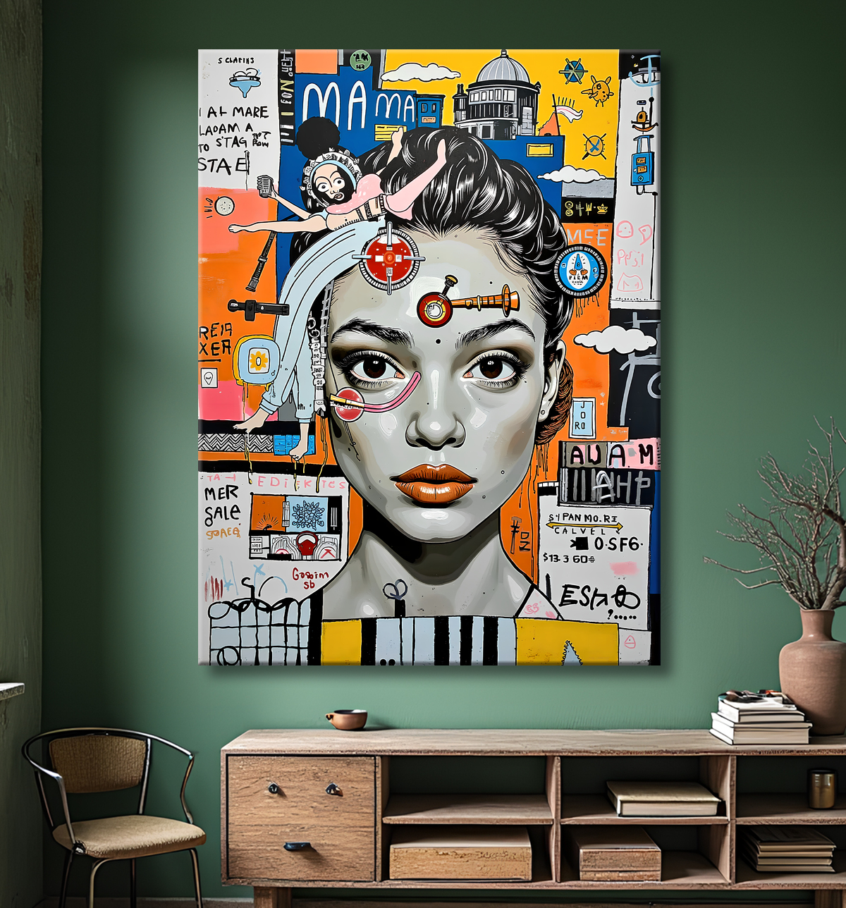 Tableau inspiré du style street art de Jean-Michel Basquiat. Une œuvre vibrante et expressive, mêlant symboles, textes et couleurs vives, pour une décoration audacieuse et contemporaine.