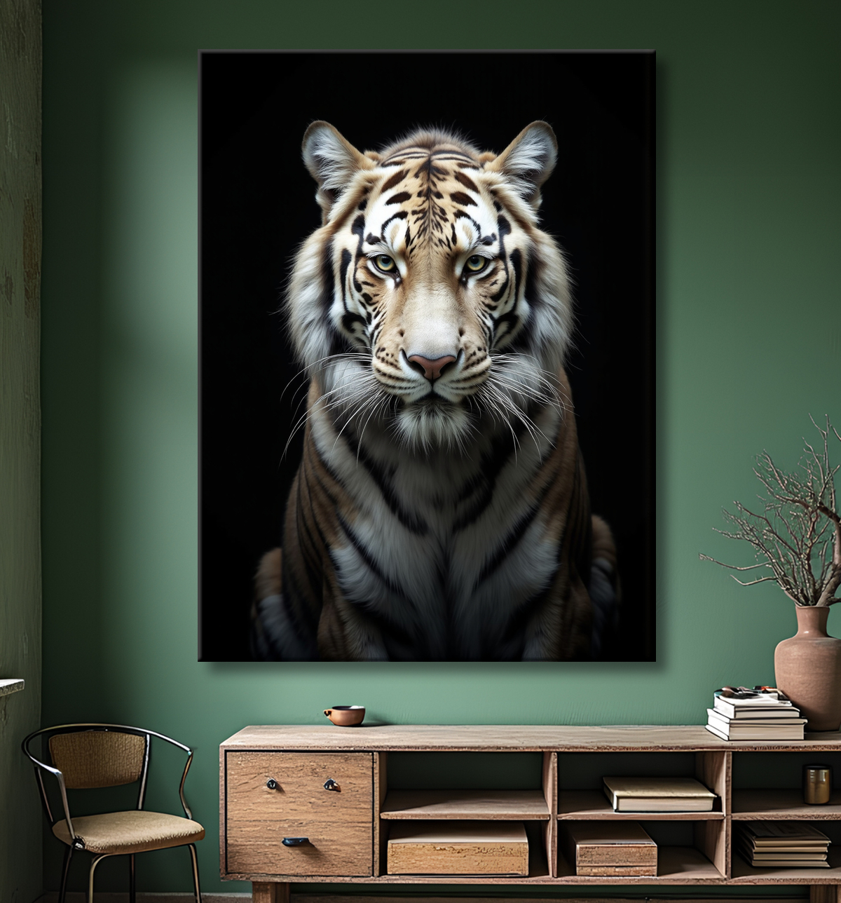 Portrait de tigre blanc photographié sur fond noir. Une œuvre intense et raffinée, disponible en couleur ou en noir et blanc pur. Fabrication française et formats personnalisables.