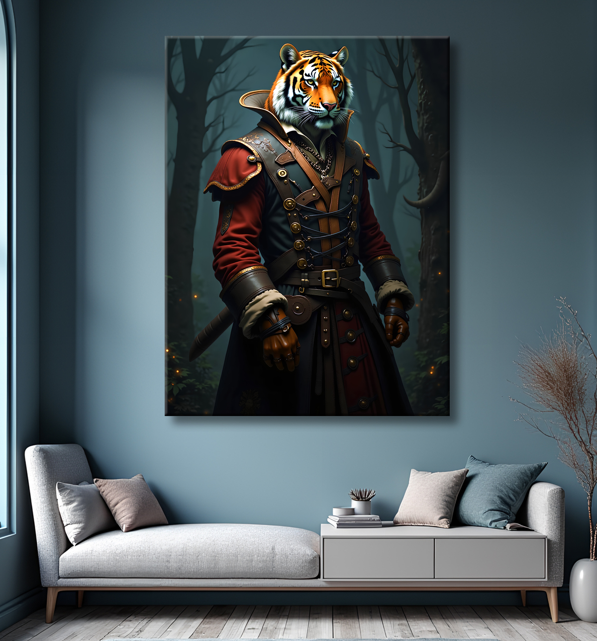 Un tigre sans chapeau ni cache-œil, sanglé de cuir croisé sur un plastron sombre, dans une forêt brumeuse. Tirage d'art de fabrication française.