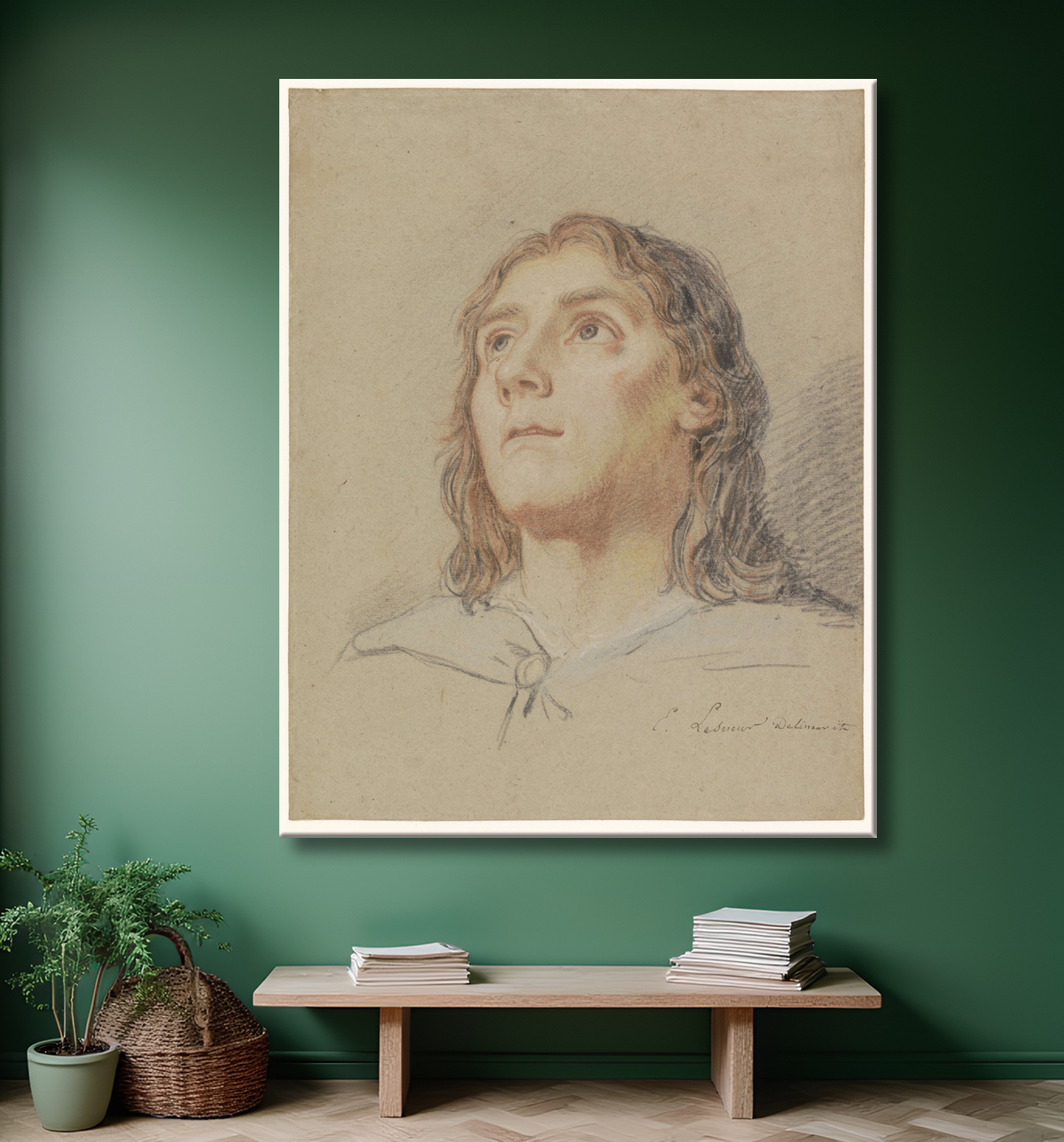 Tête de jeune homme de Le Sueur, dessin en reproduction avec decor