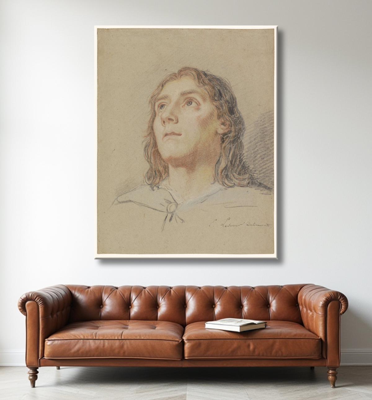 Tête de jeune homme de Le Sueur, dessin en reproduction avec decor
