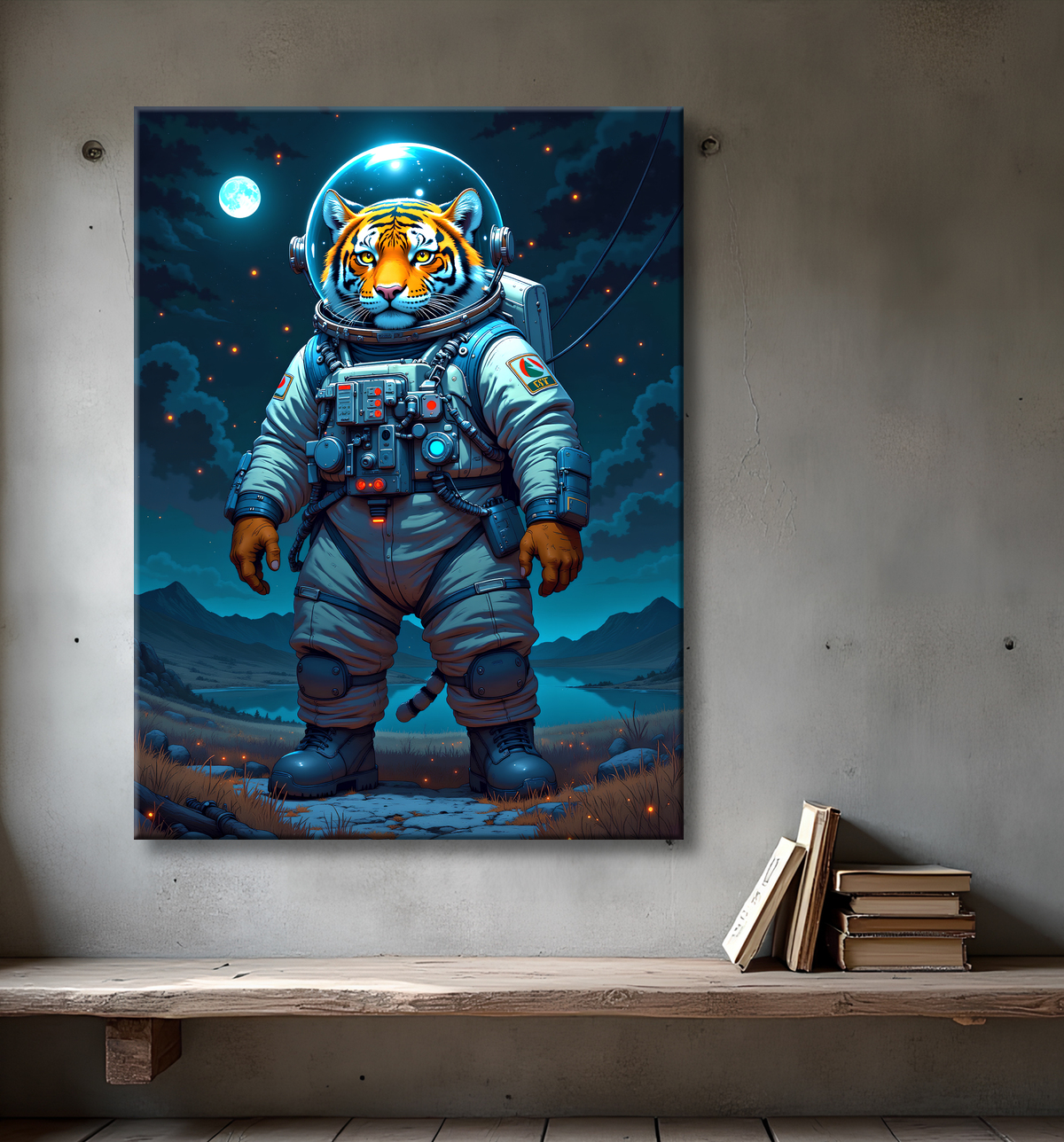 Tableau tigre astronaute en exclusivité sur Decotab, inspiré de l'univers de Sylvain Binet. Un visuel audacieux pour une déco tendance et inédite.