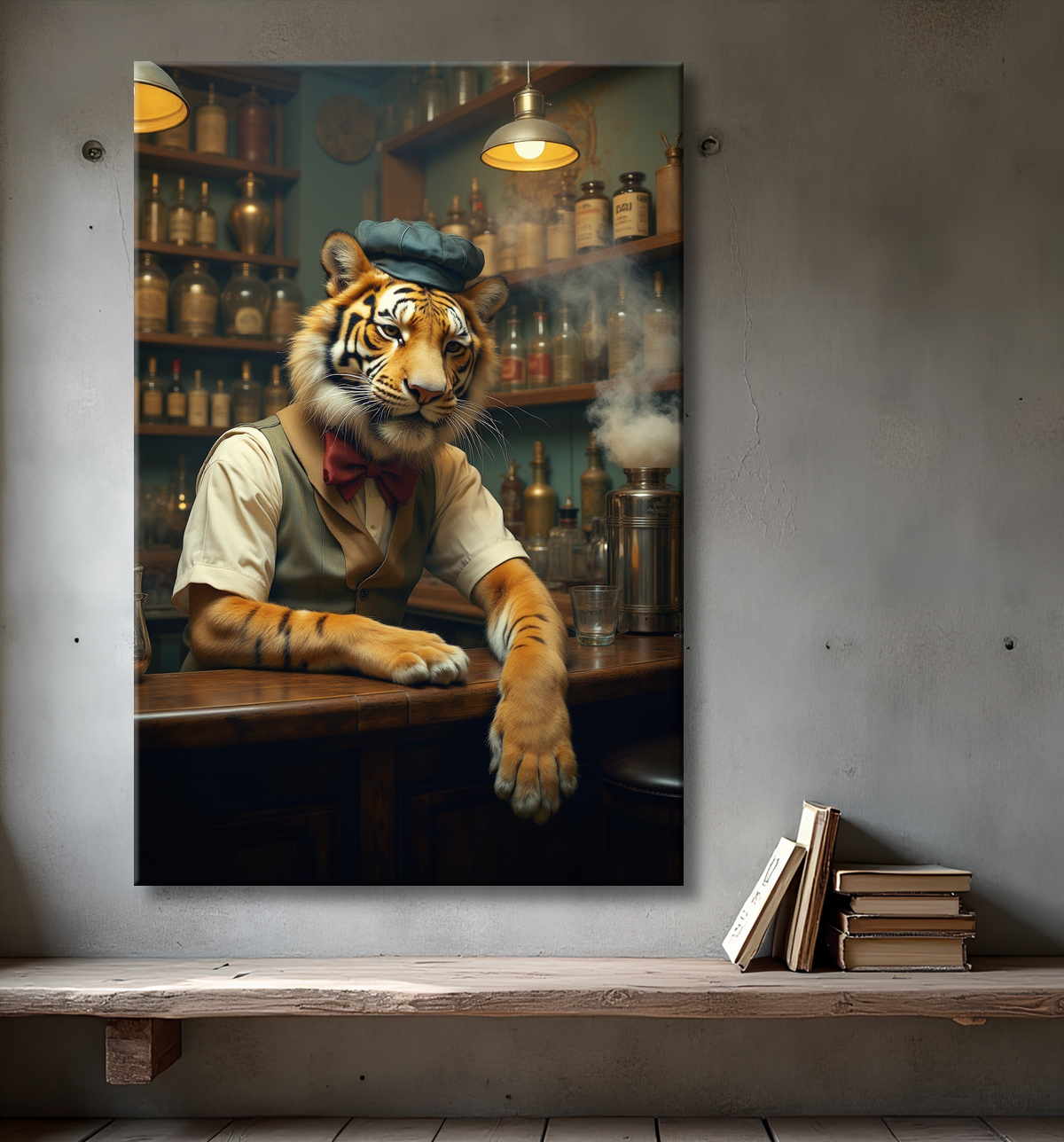 Tableau d'un tigre en casquette plate et nœud papillon rouge derrière le comptoir d'un bar, vu depuis la place du client. Toile de fabrication française.