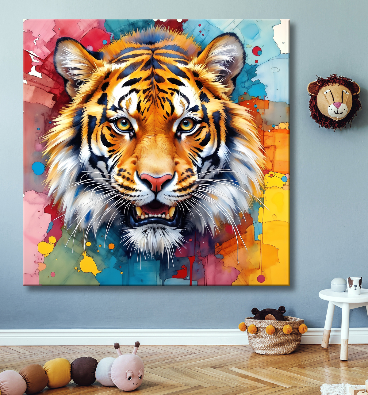 Tableau contemporain de tigre pop art sur fond blanc lumineux, tête centrale entourée d'éclats de couleurs vives. Fabrication artisanale française sur-mesure.