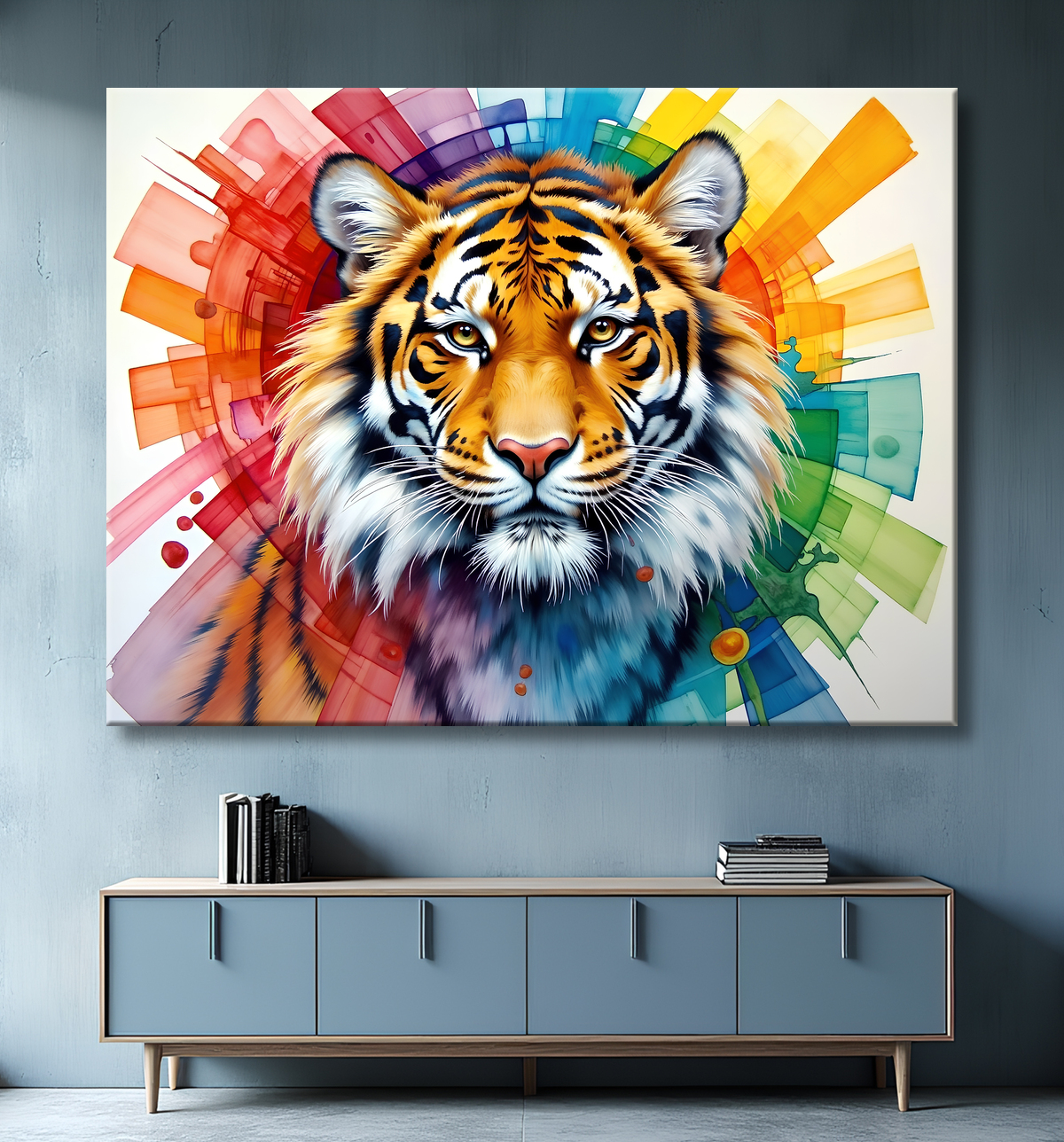 Les bandes translucides du fond foncent à leurs croisements, derrière une tête de tigre au regard droit. Imprimé et tendu en atelier français.