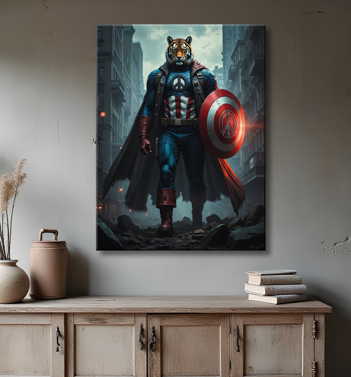 Un tableau tigre original et décalé. Le félin se transforme en super-héros peace & love dans un décor urbain post-apocalyptique. Une toile humoristique pleine de style.