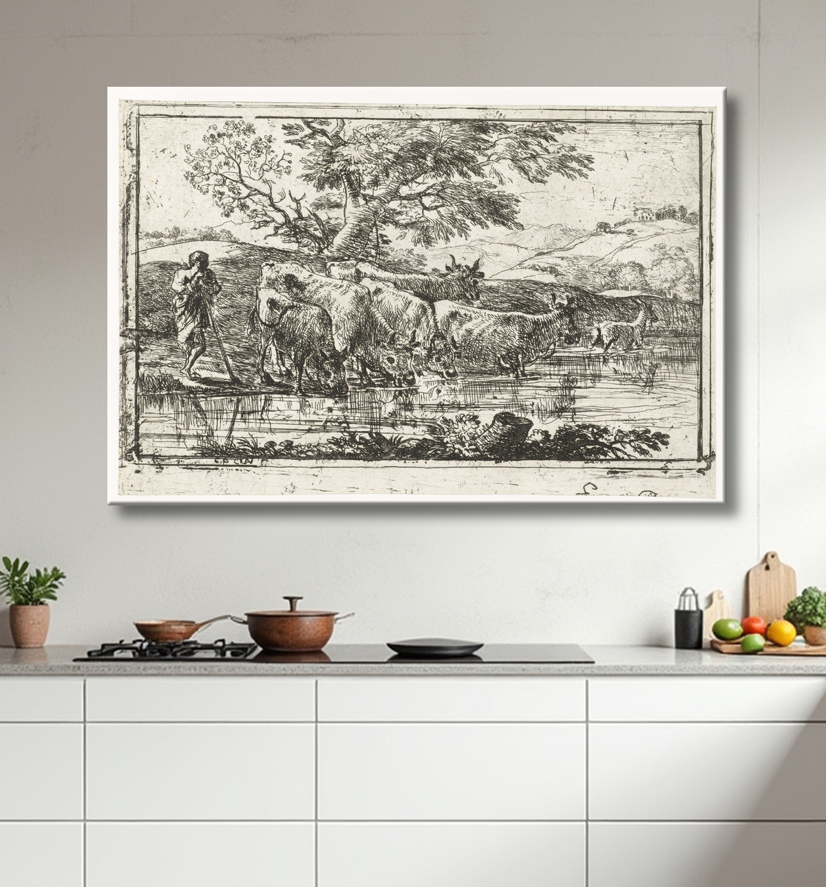 Impression fine art haut de gamme en France sur toile ou poster encadré. Troupeau à l'abreuvoir. Un berger avec un troupeau de vaches et une chèvre à un point d'eau...