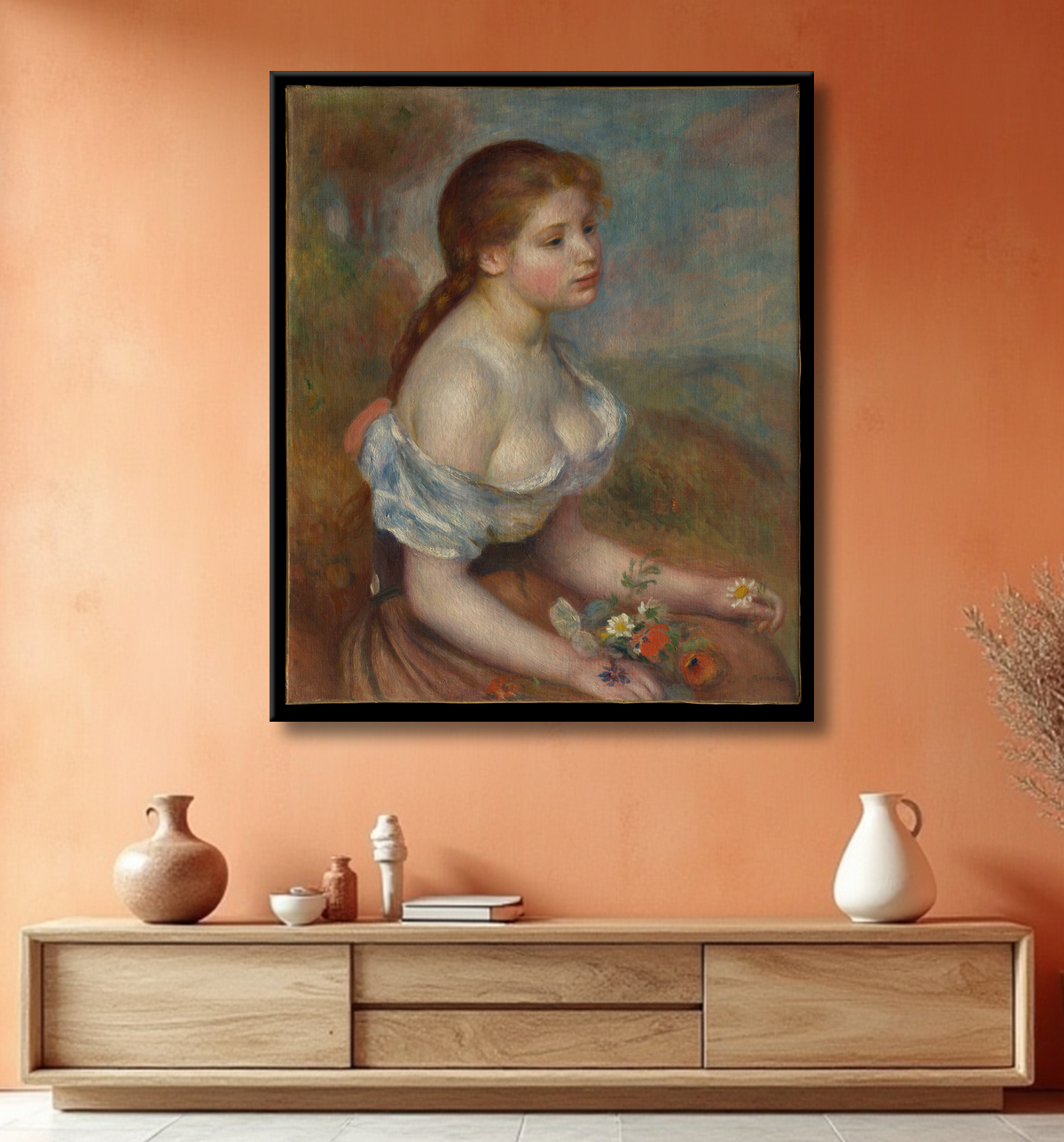 Reproduction Une jeune fille avec des marguerites de Auguste Renoir avec decor