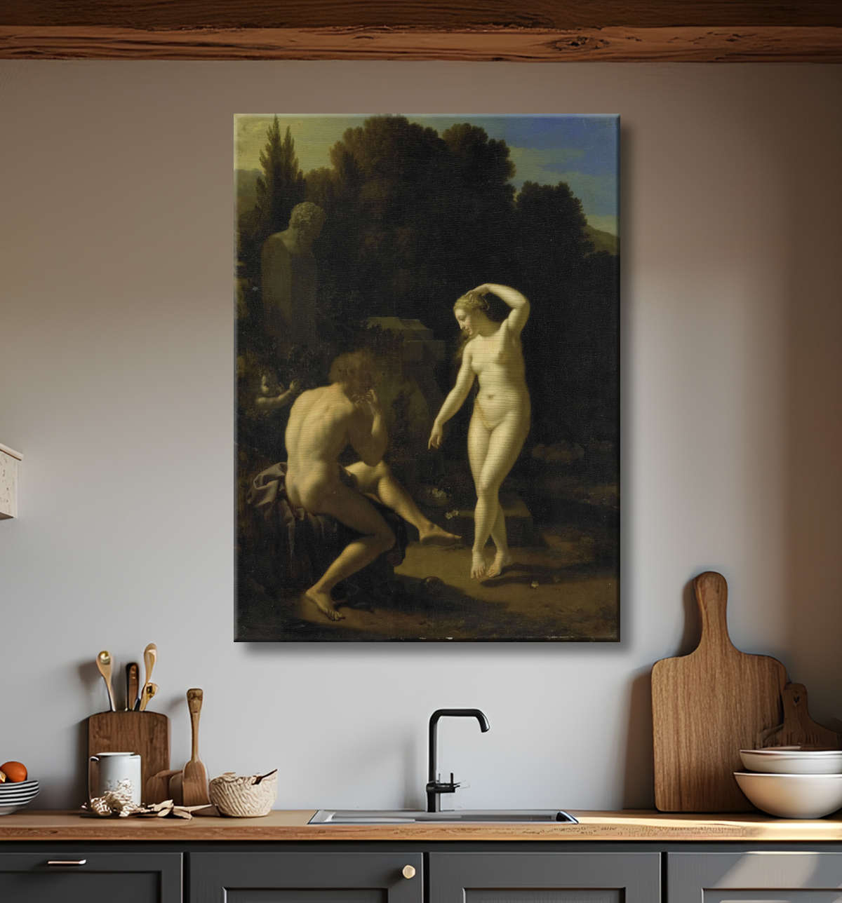 Une nymphe nue danse au son d'une flûte, près d'un terme de pierre. Panneau signé de 1718 du Rijksmuseum, sur toile d'art de fabrication française.