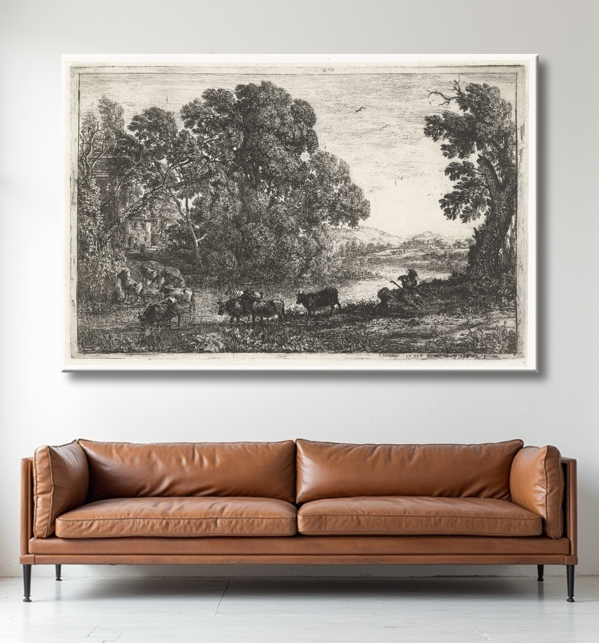 Toile fine art made in France premium ou affiche encadrée. vacher. Un troupeau de vaches patauge dans la rivière, le berger assis sur la rive joue d'un instrument...