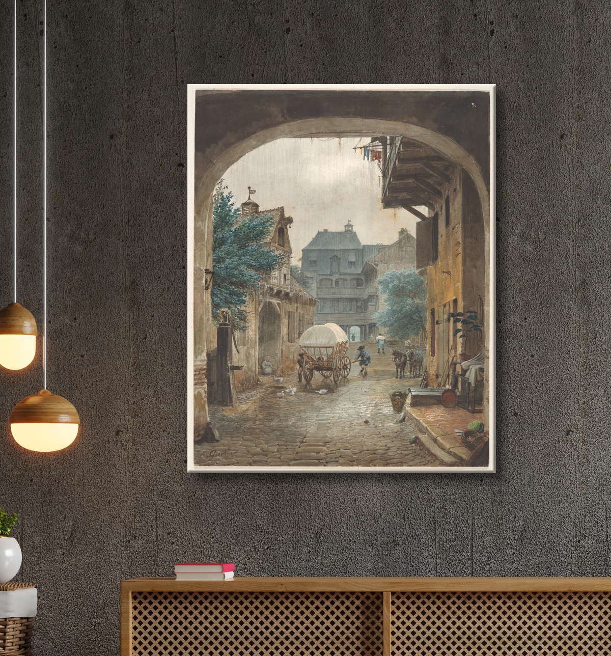 Reproduction sur toile de l'aquarelle d'Eduard Gaertner, une cour d'auberge alsacienne vue sous un porche. Tirage d'art de fabrication française.