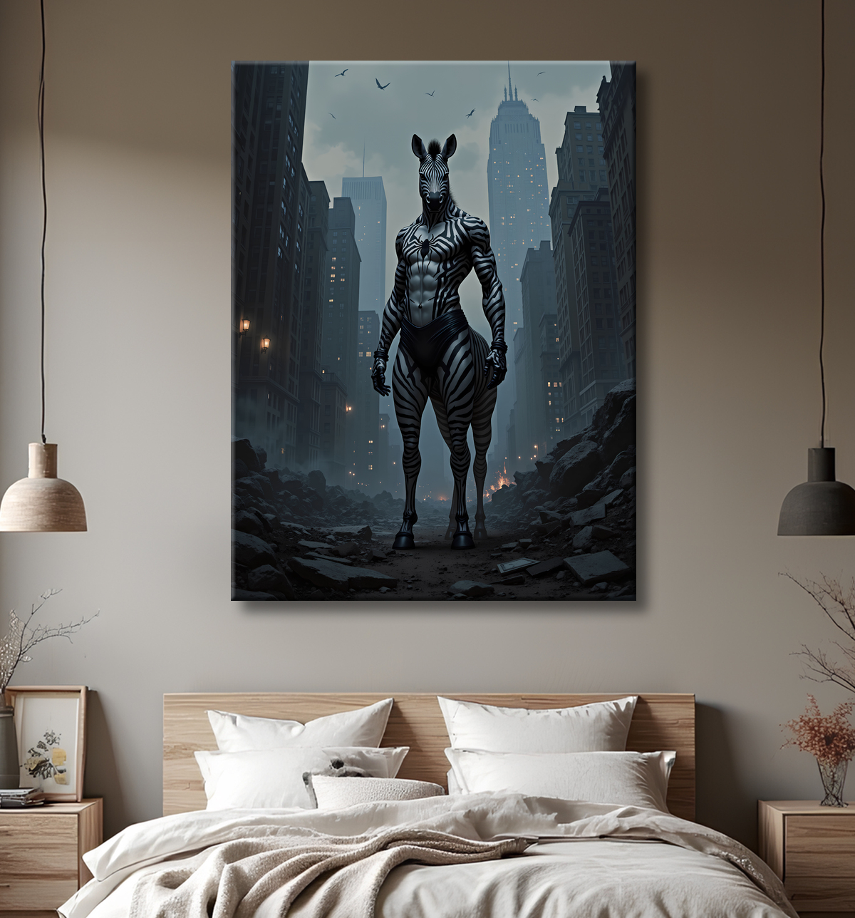 Tableau zèbre dans un univers post-apocalyptique, style centaure et motifs de super-héros. Une décoration puissante et artistique.