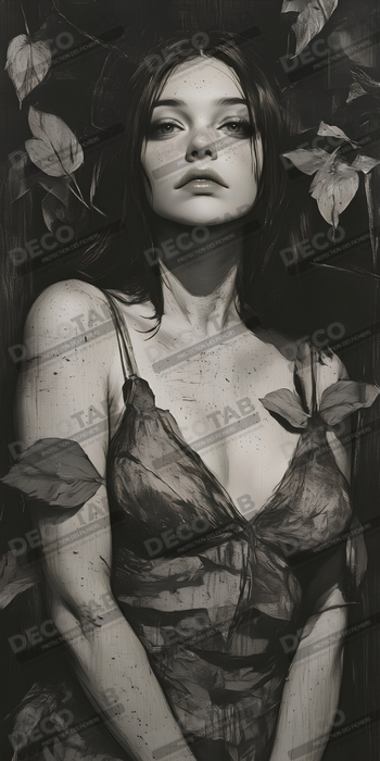 Tableau portrait féminin style manga et végétal