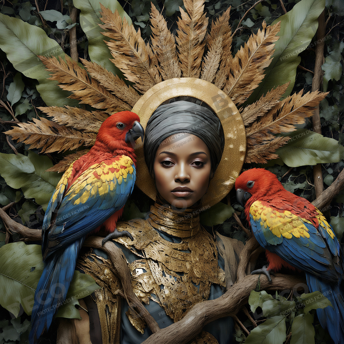 Tableau portrait femme africaine jungle et perroquets