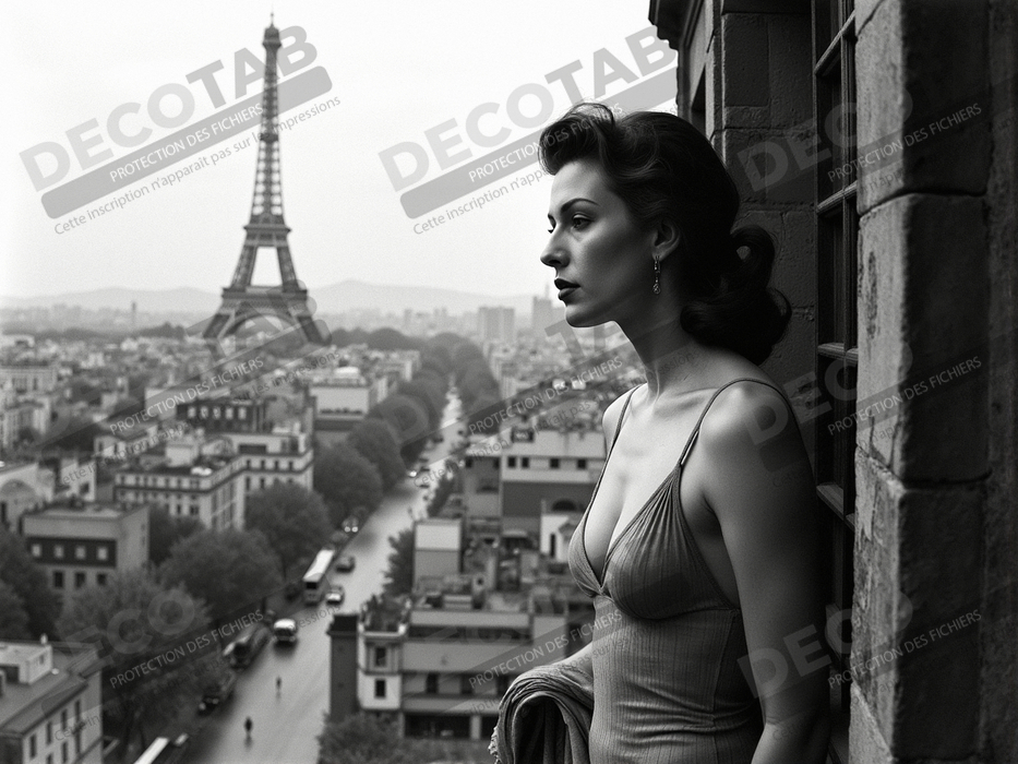Femme au balcon – tableau noir et blanc intimiste