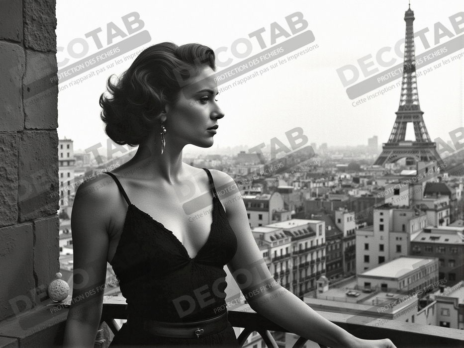 Femme au balcon – tableau noir et blanc intimiste