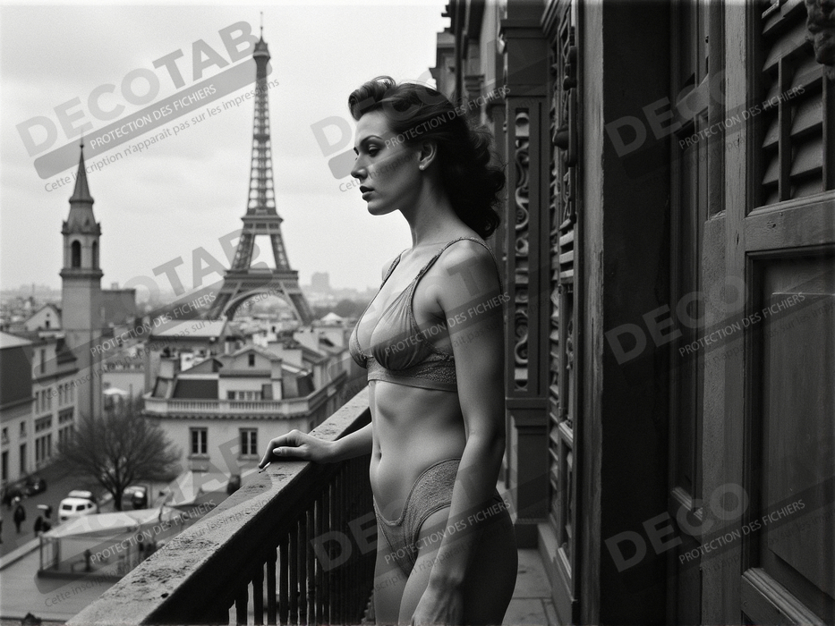 Femme au balcon – tableau noir et blanc intimiste
