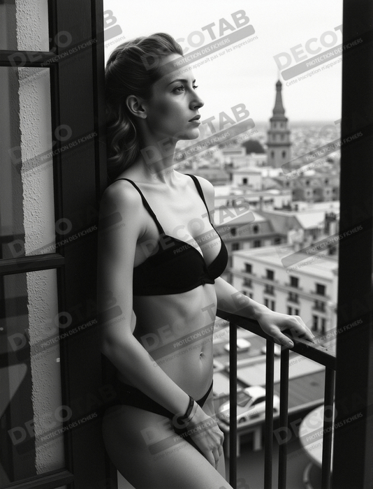 Femme au balcon – tableau noir et blanc intimiste