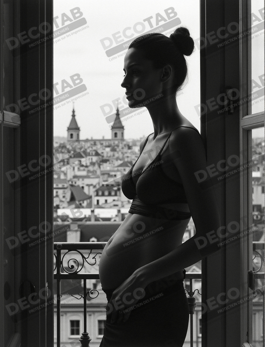 Femme au balcon – tableau noir et blanc intimiste