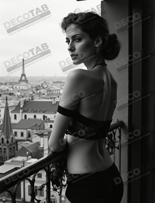 Femme au balcon – tableau noir et blanc intimiste
