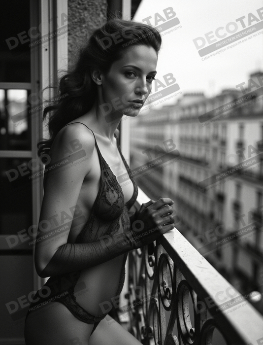 Femme au balcon – tableau noir et blanc intimiste
