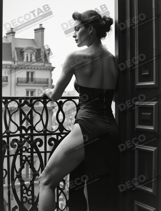 Femme au balcon – tableau noir et blanc intimiste