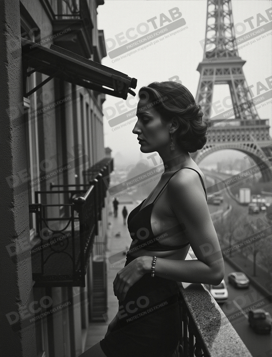 Femme au balcon – tableau noir et blanc intimiste
