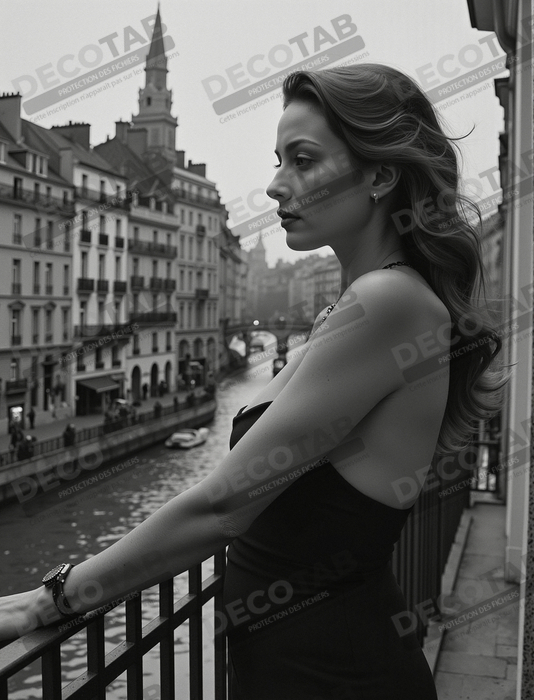 Femme au balcon – tableau noir et blanc intimiste