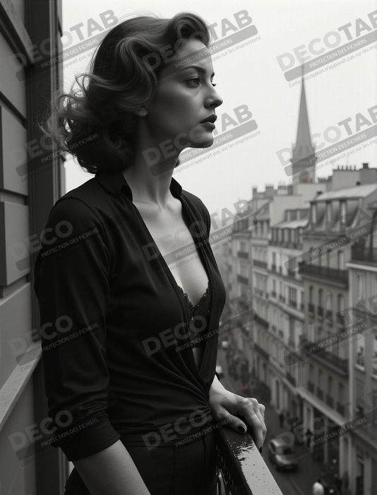 Femme au balcon – tableau noir et blanc intimiste