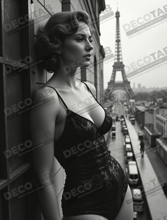 Femme au balcon – tableau noir et blanc intimiste