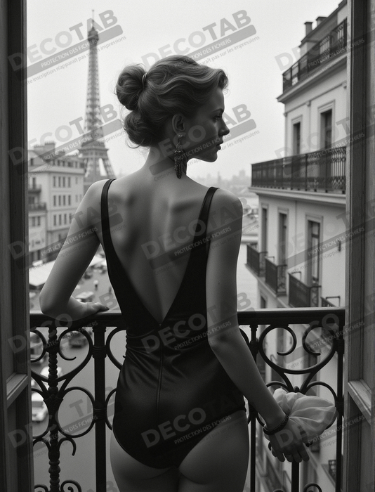 Femme au balcon – tableau noir et blanc intimiste