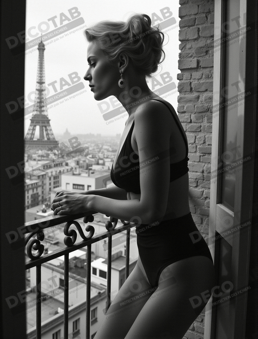 Femme au balcon – tableau noir et blanc intimiste