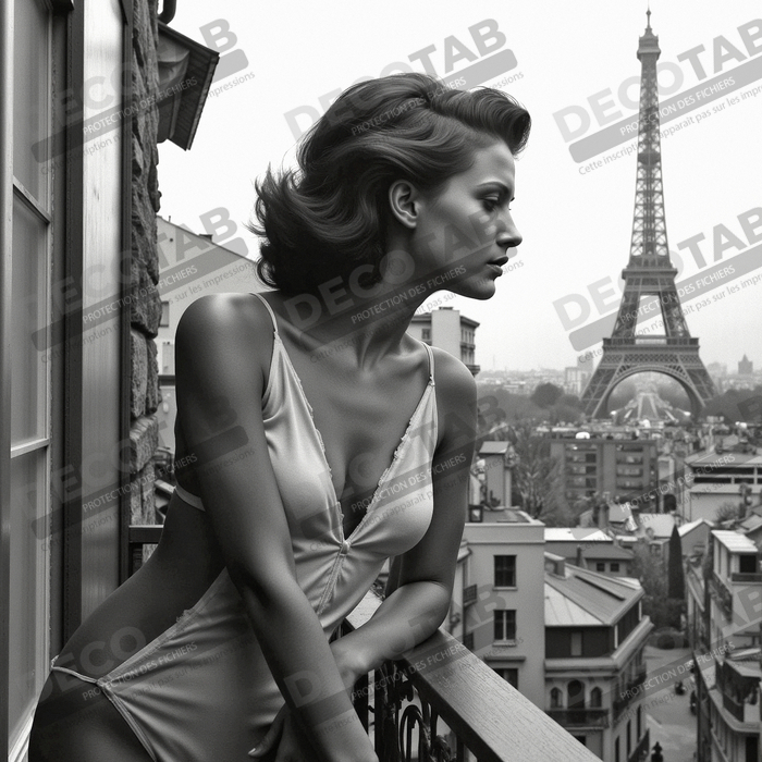 Femme au balcon – tableau noir et blanc intimiste