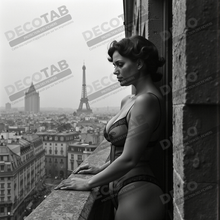 Femme au balcon – tableau noir et blanc intimiste